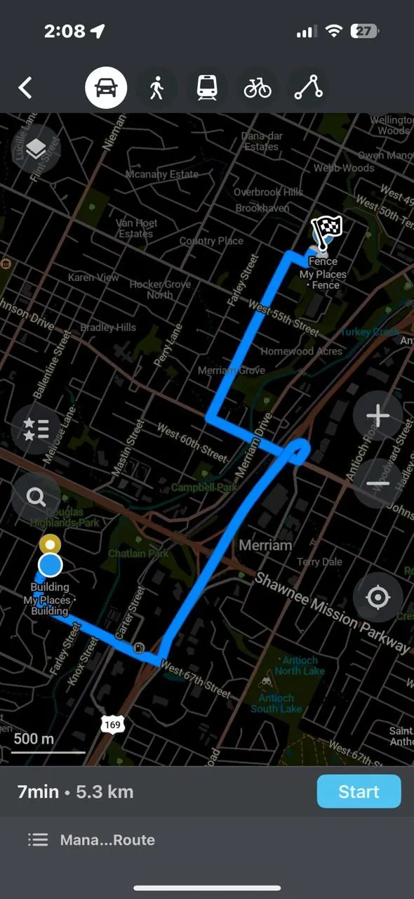 Bản đồ Organic Maps hiển thị khoảng cách giữa hai điểm, minh họa tính năng định tuyến chính xác ngoại tuyến và bảo mật