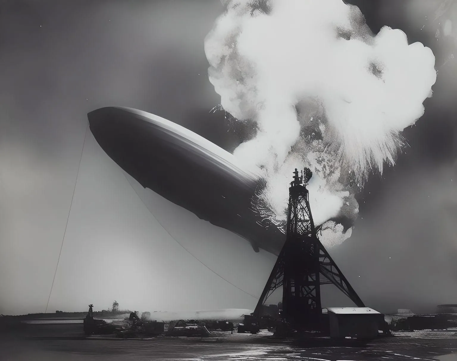 Bản tái tạo thảm họa Hindenburg do AI tạo ra từ ảnh gốc, cho thấy sự tương đồng đáng kinh ngạc nhưng không có sự sáng tạo hay chi tiết mới.