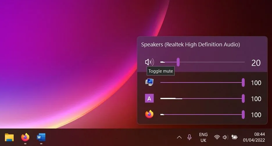 Bảng điều khiển âm lượng từng ứng dụng của EarTrumpet trên Windows 11, giúp tùy chỉnh âm thanh chính xác
