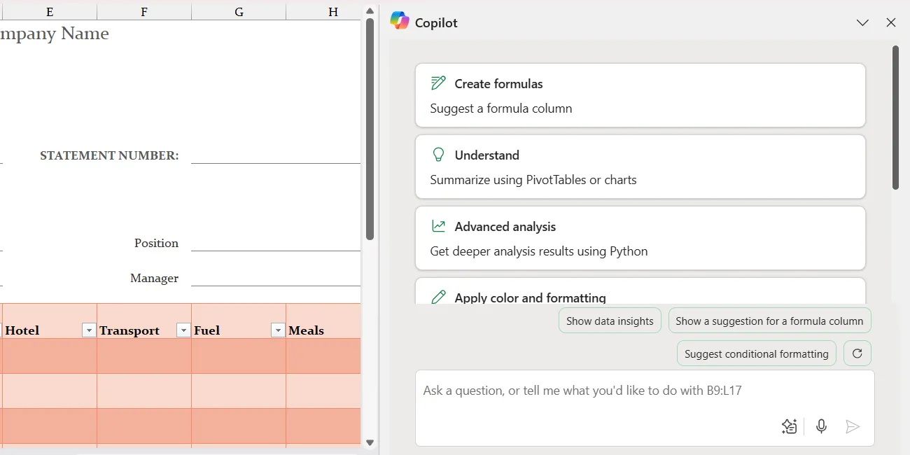 Bảng điều khiển Copilot ở bên cạnh trong giao diện Excel