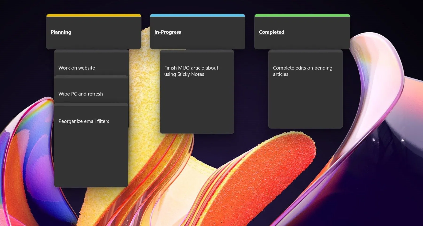 Bảng Kanban tạm thời được tạo từ Windows Sticky Notes trên desktop