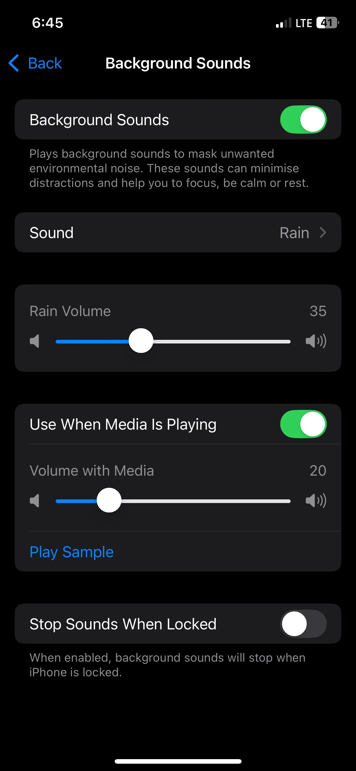 Bật Âm thanh nền với âm thanh Mưa mặc định trên iPhone.