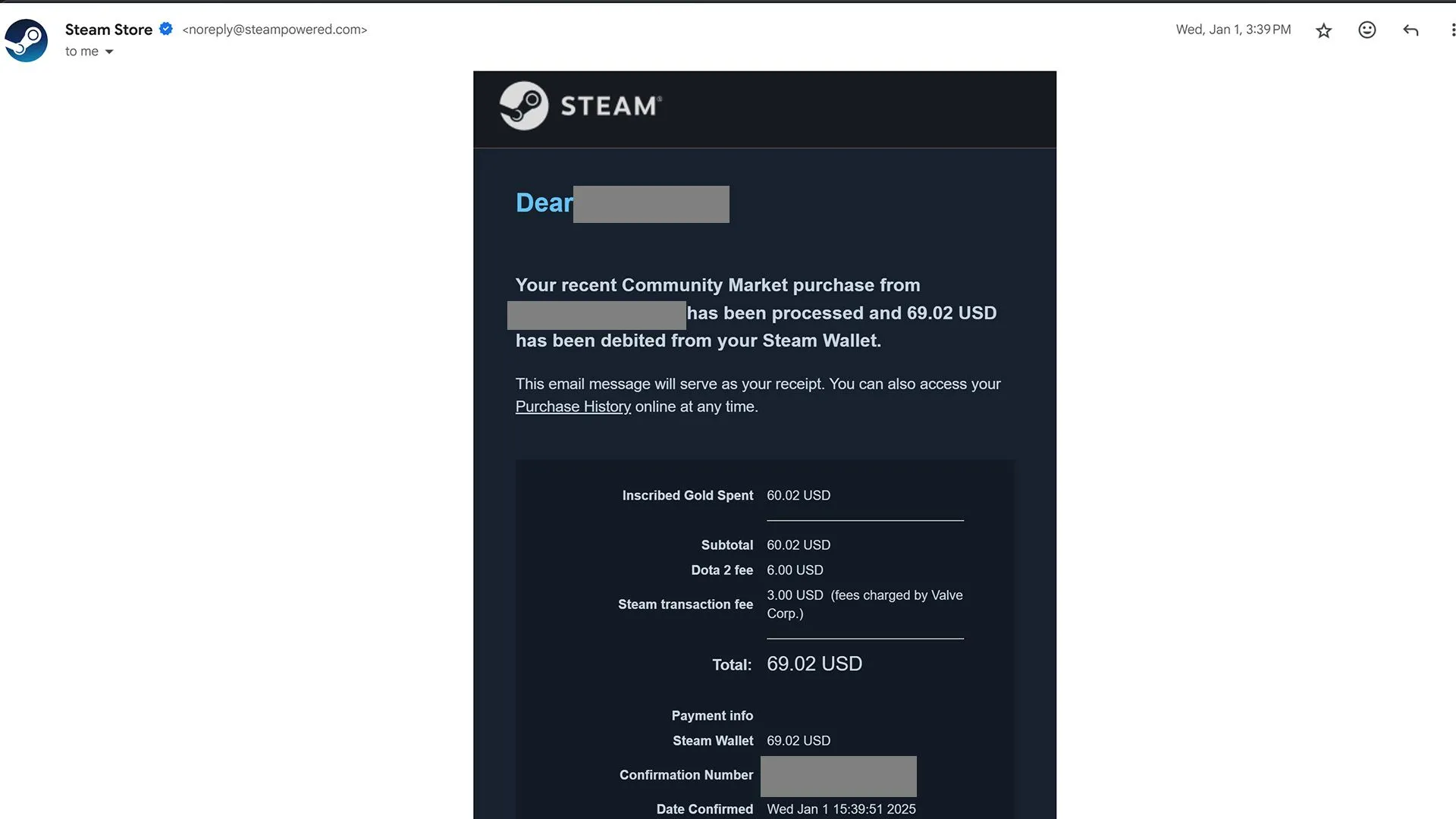 Biên lai email giao dịch chợ cộng đồng Steam cho thấy thông tin người nhận tiền bị rút từ ví Steam