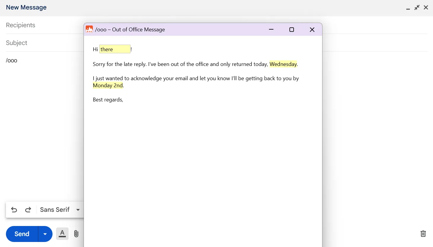 Biểu mẫu trả lời tự động &quot;Out of Office&quot; được tạo bằng Text Blaze trong Gmail, giúp tùy chỉnh nội dung nhanh chóng.