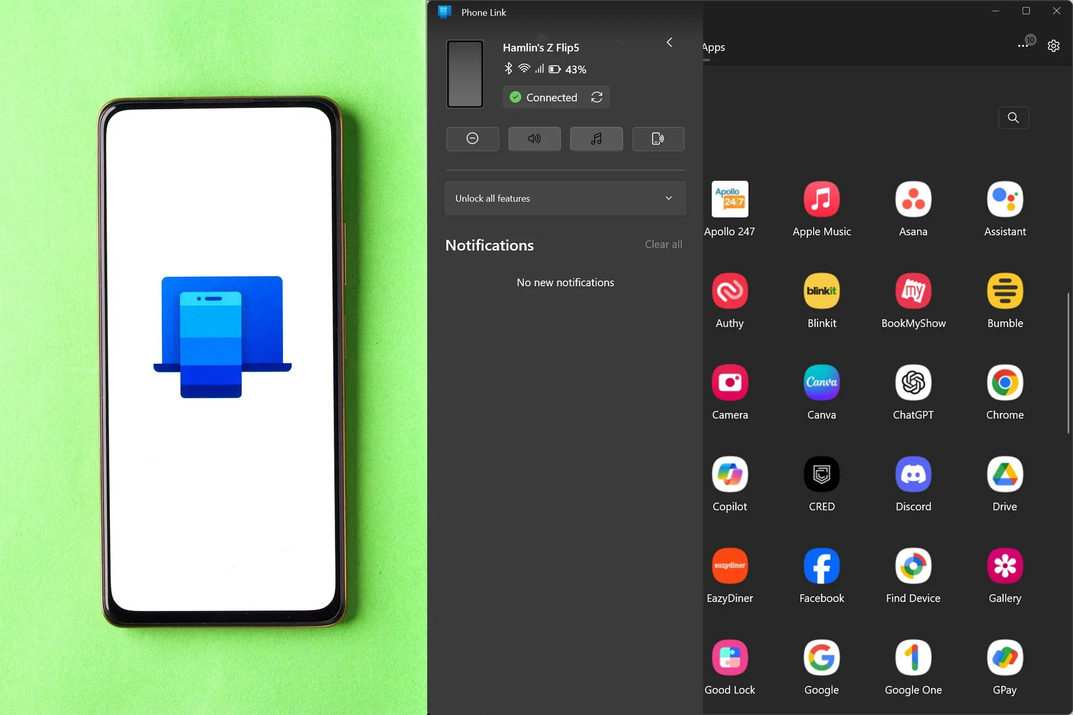Biểu tượng ứng dụng Phone Link trên điện thoại Android bên cạnh giao diện Phone Link trên Windows