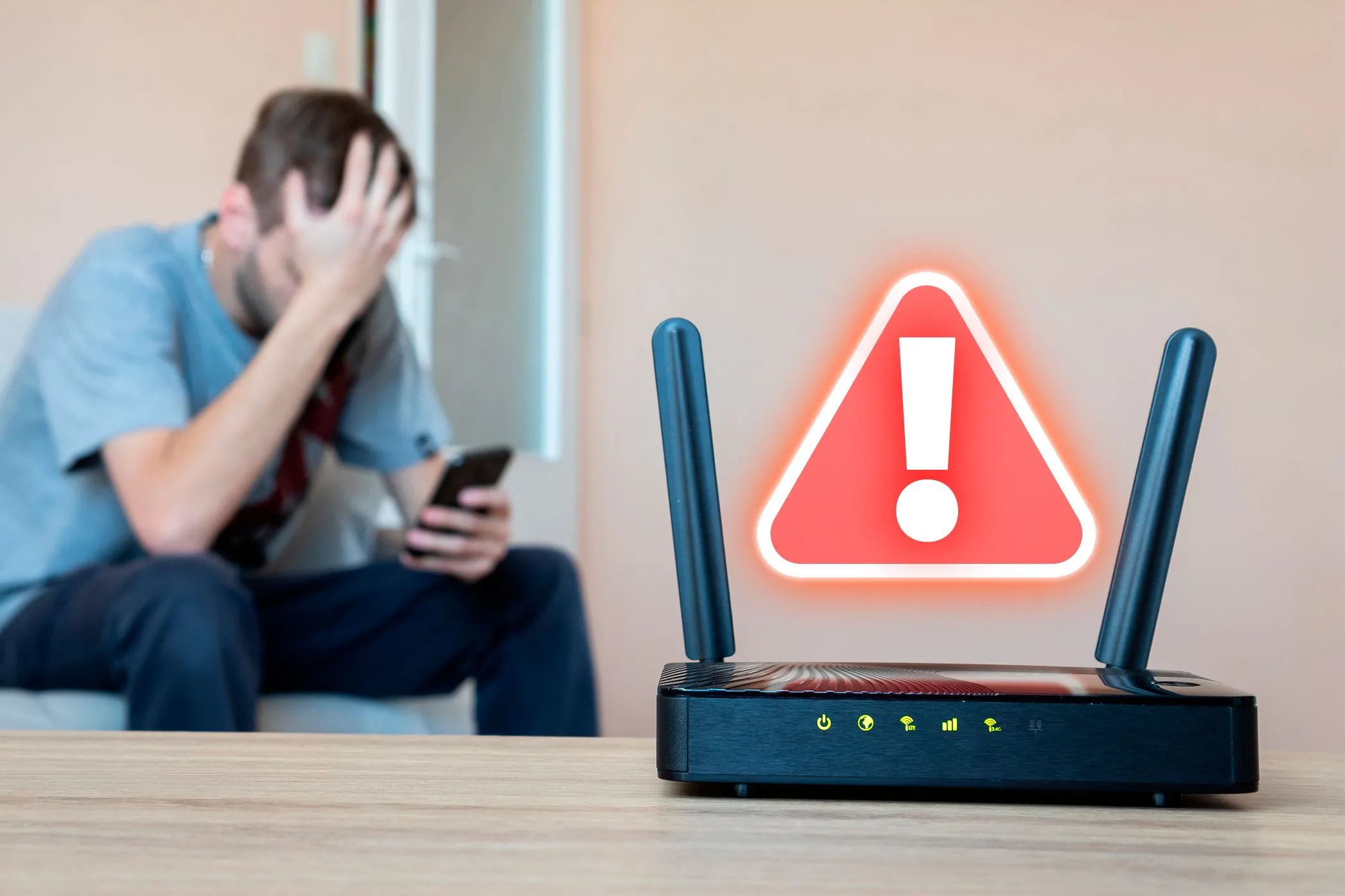 Bộ định tuyến Wi-Fi báo lỗi với người dùng đang thất vọng ở phía sau, minh họa vấn đề kết nối không dây