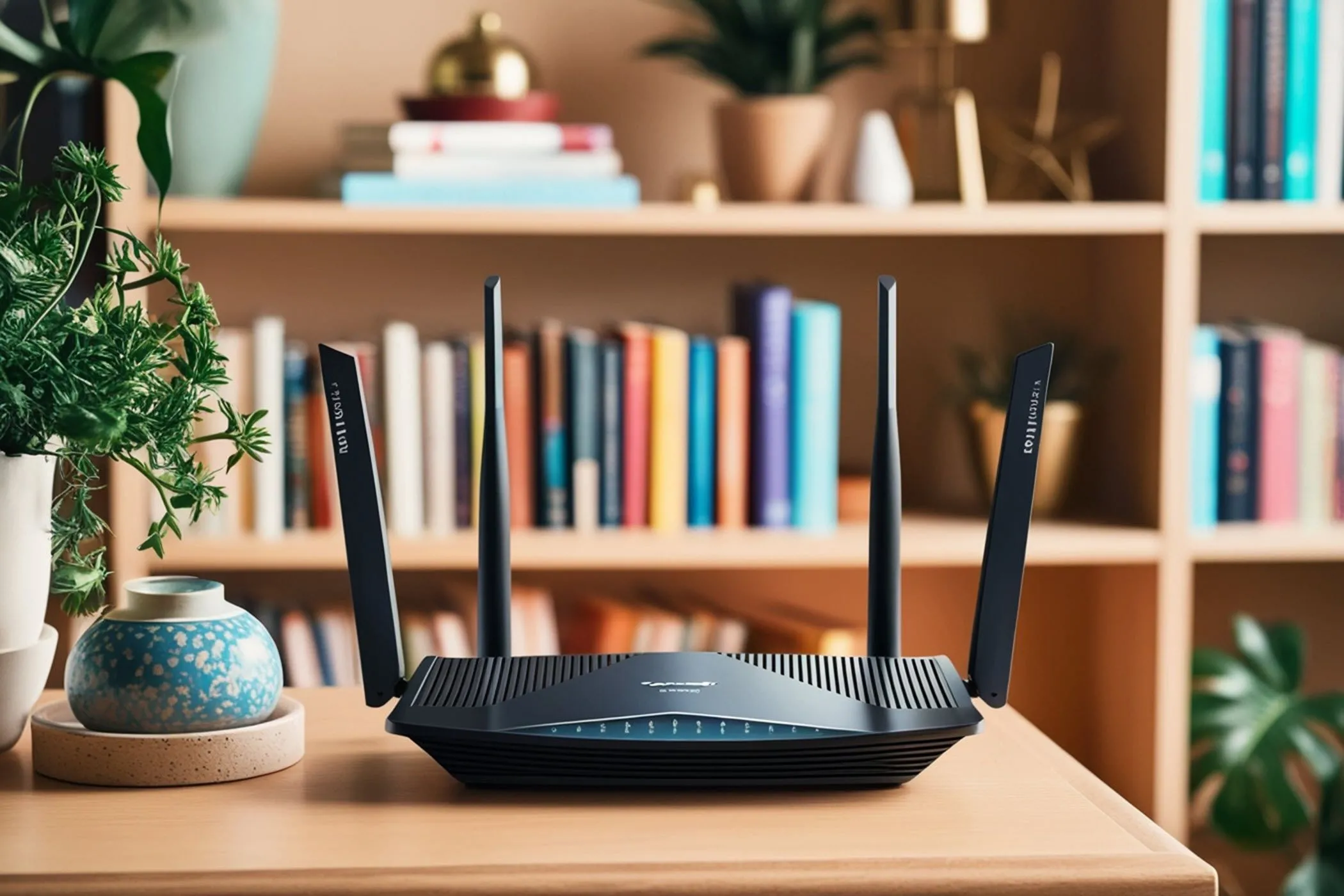 Bộ định tuyến Wi-Fi với bốn ăng-ten đặt trên bàn, tượng trưng cho việc cài đặt VPN trực tiếp trên router để bảo vệ tất cả thiết bị kết nối trong nhà.