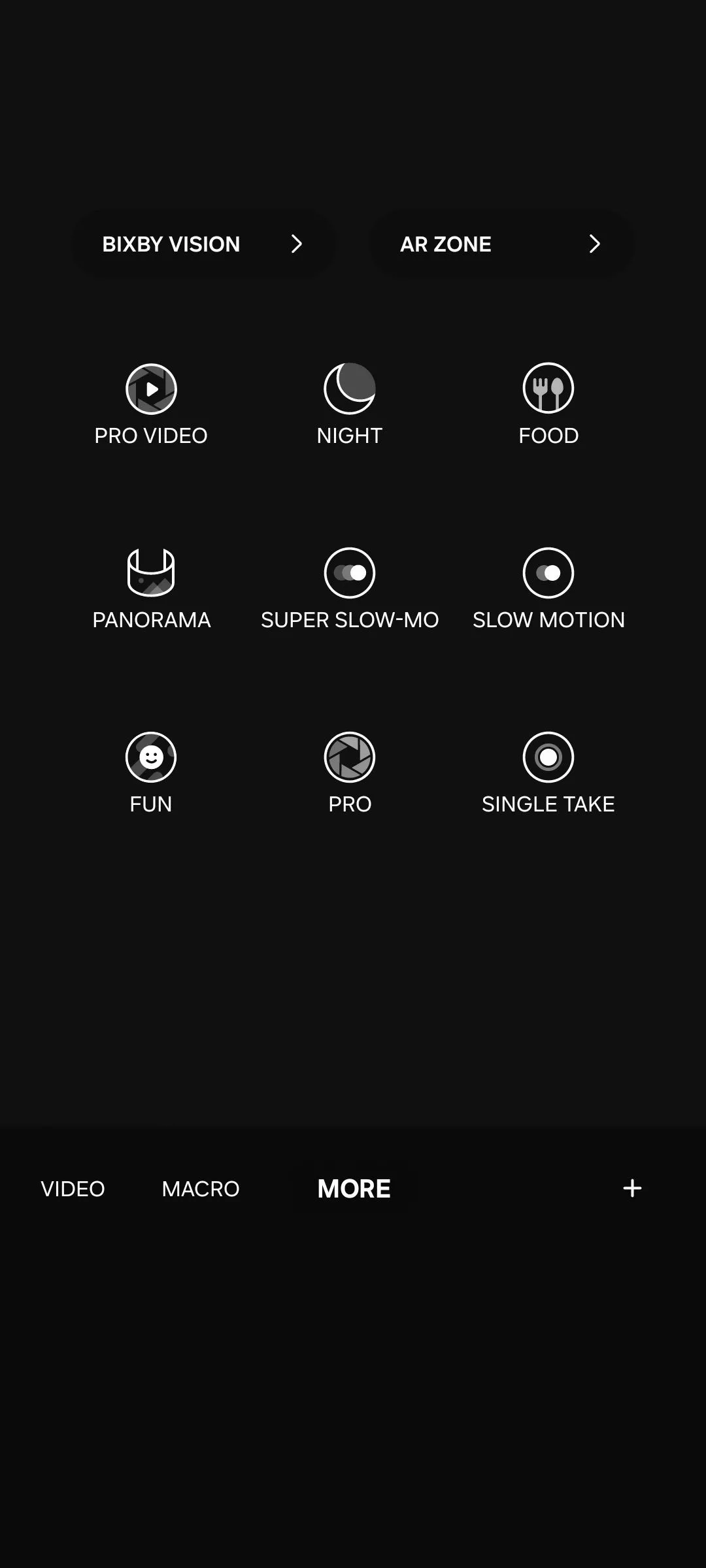 Các chế độ chụp ảnh khác nhau trên ứng dụng camera Samsung, bao gồm chế độ Pro