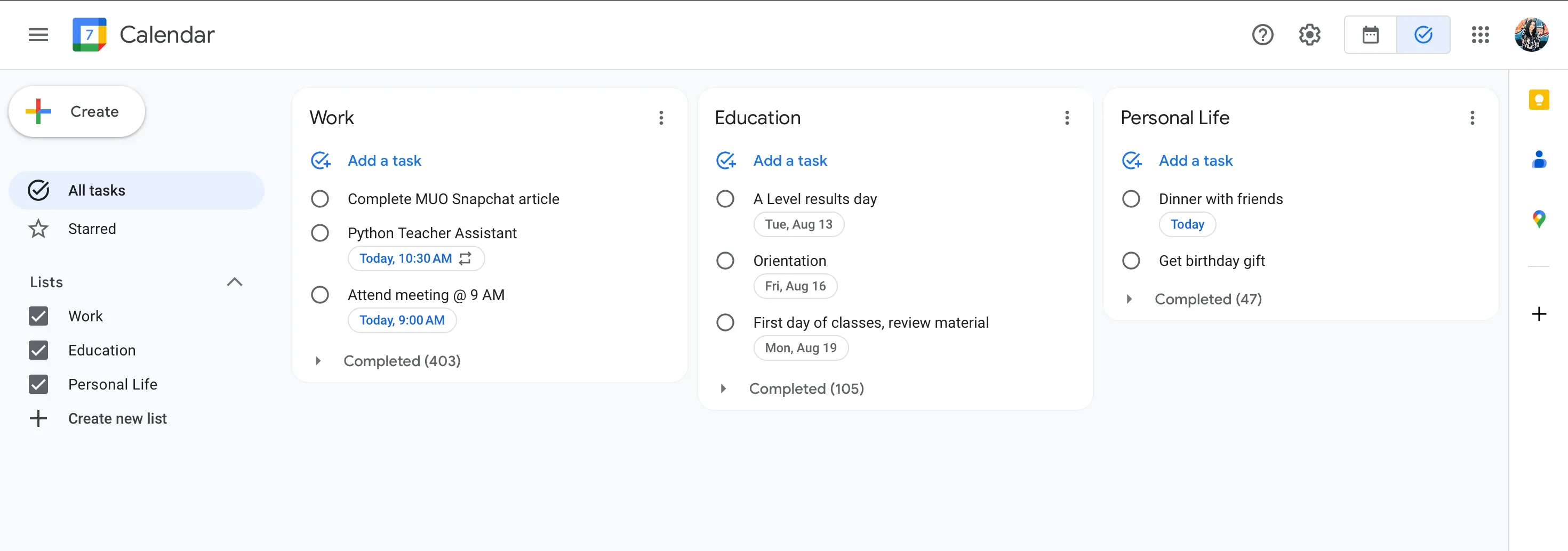 Các danh sách tác vụ khác nhau được hiển thị rõ ràng trên thanh sidebar của Google Tasks.