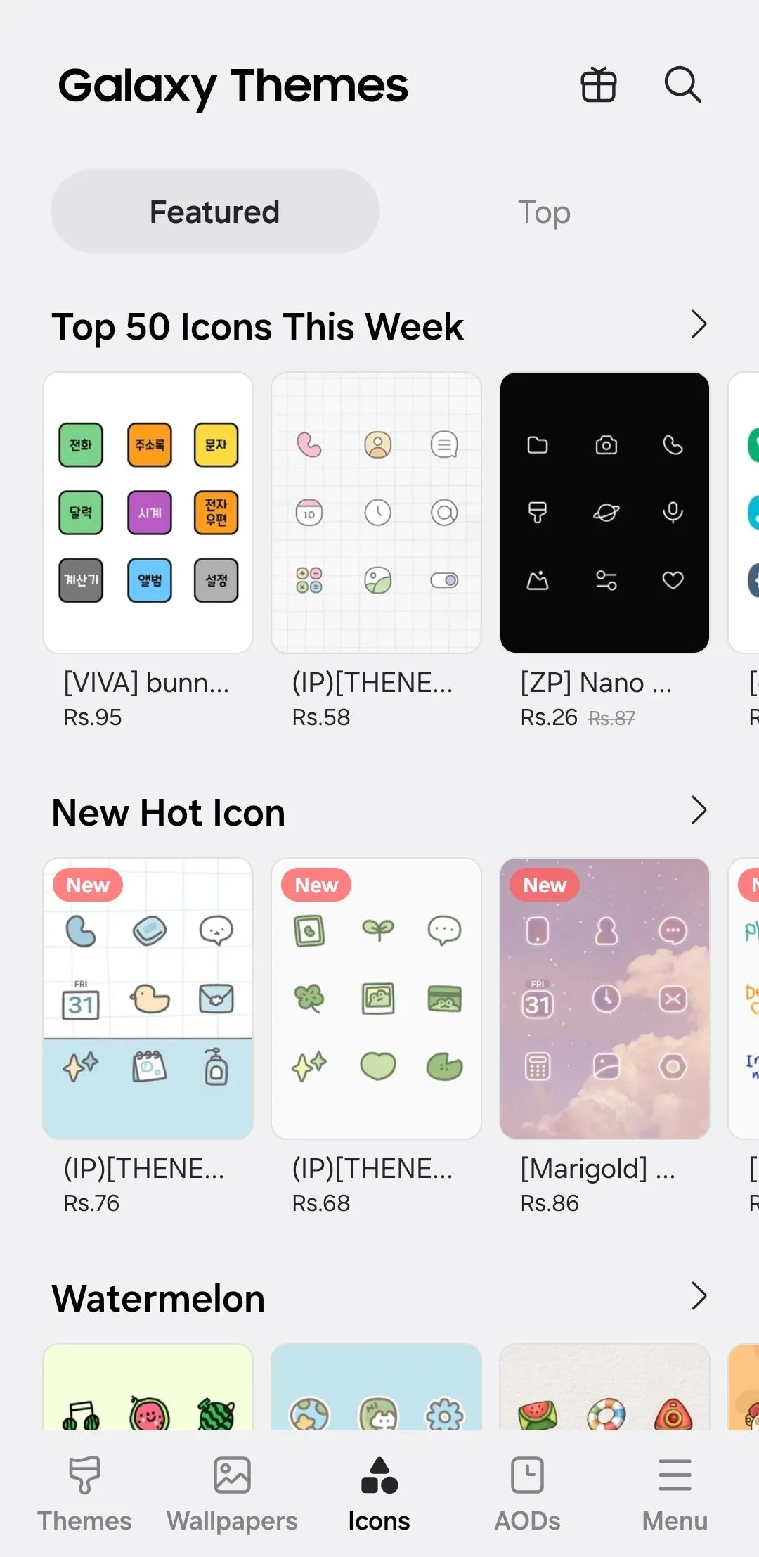 Các gói biểu tượng ứng dụng trên Galaxy Themes Store của Samsung.