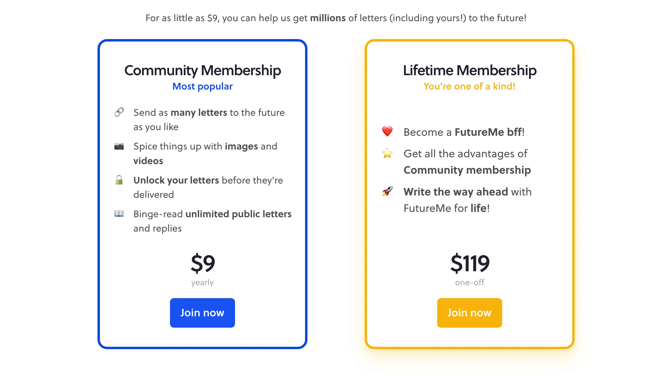 Các gói dịch vụ cao cấp (Premium) của FutureMe bao gồm Community và Lifetime với chi tiết giá và lợi ích