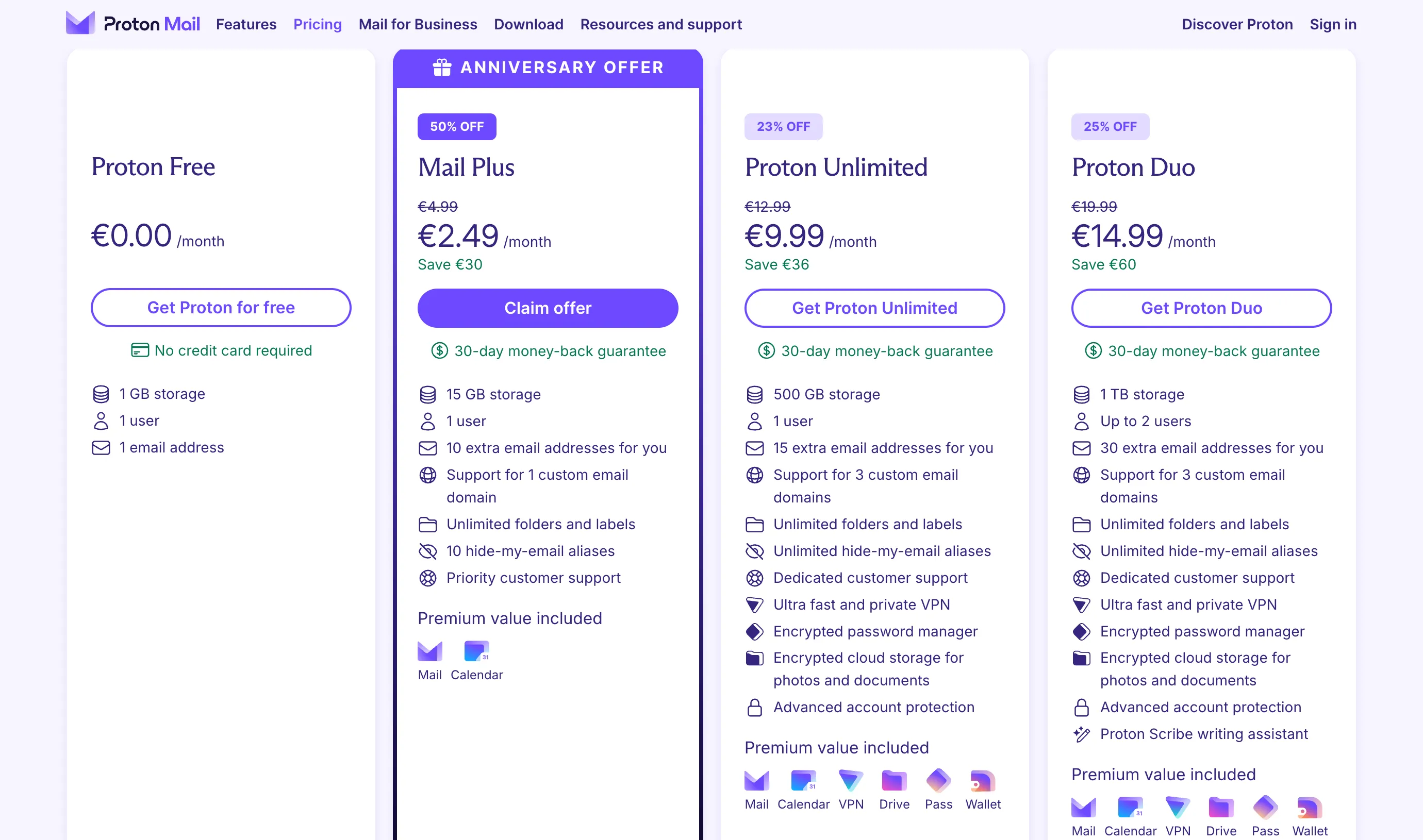 Các gói dịch vụ ProtonMail tích hợp Proton VPN và nhiều tiện ích bảo mật khác