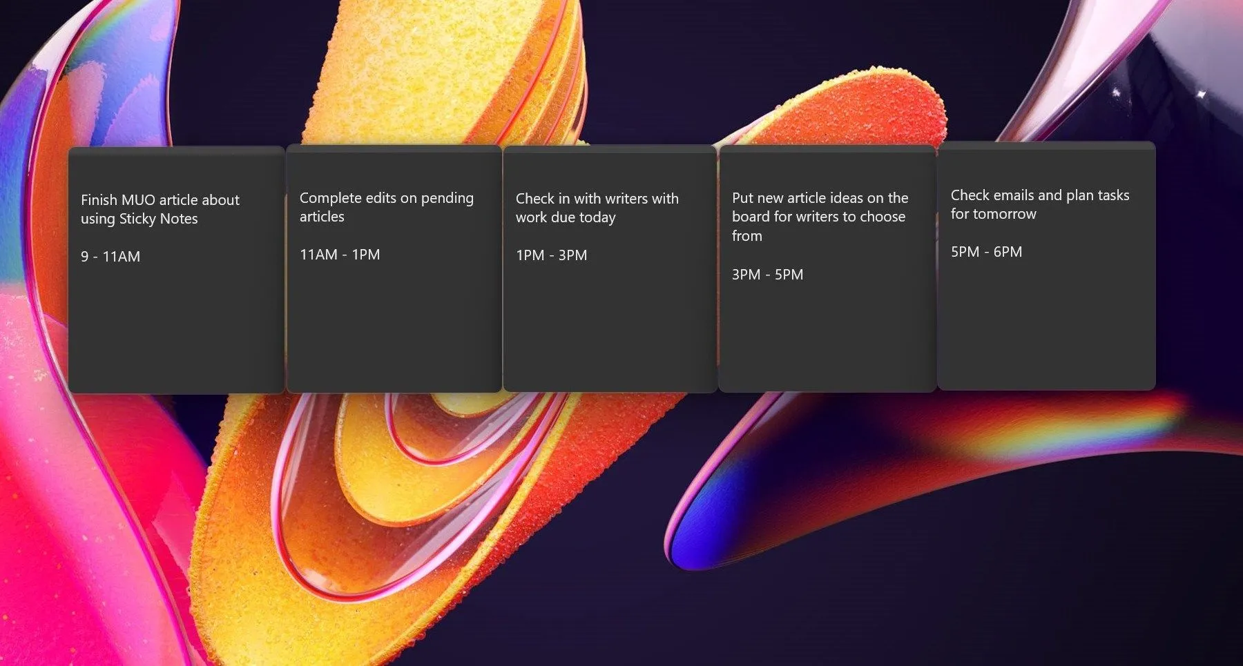 Các khối thời gian được tạo bằng Windows Sticky Notes để lập kế hoạch công việc