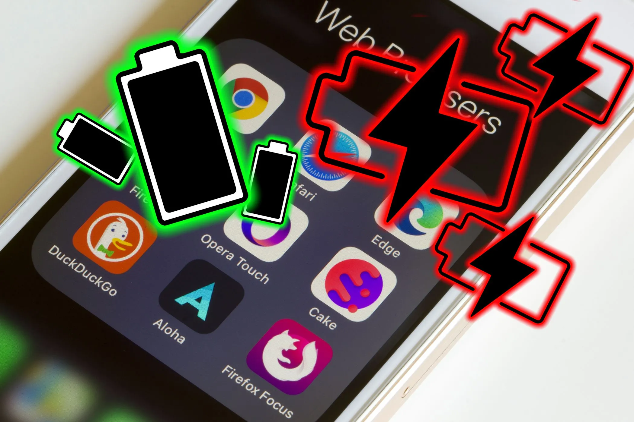 Các logo trình duyệt web trên điện thoại smartphone với biểu tượng pin