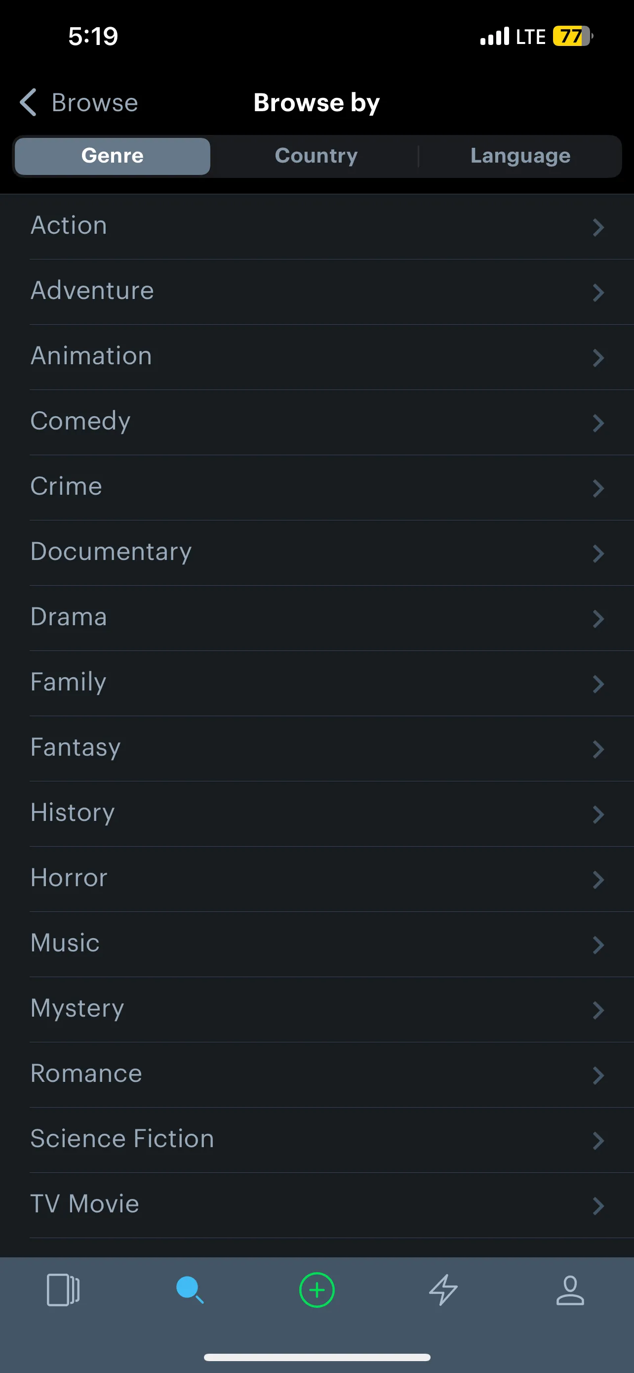Các tùy chọn bộ lọc theo thể loại trên ứng dụng Letterboxd