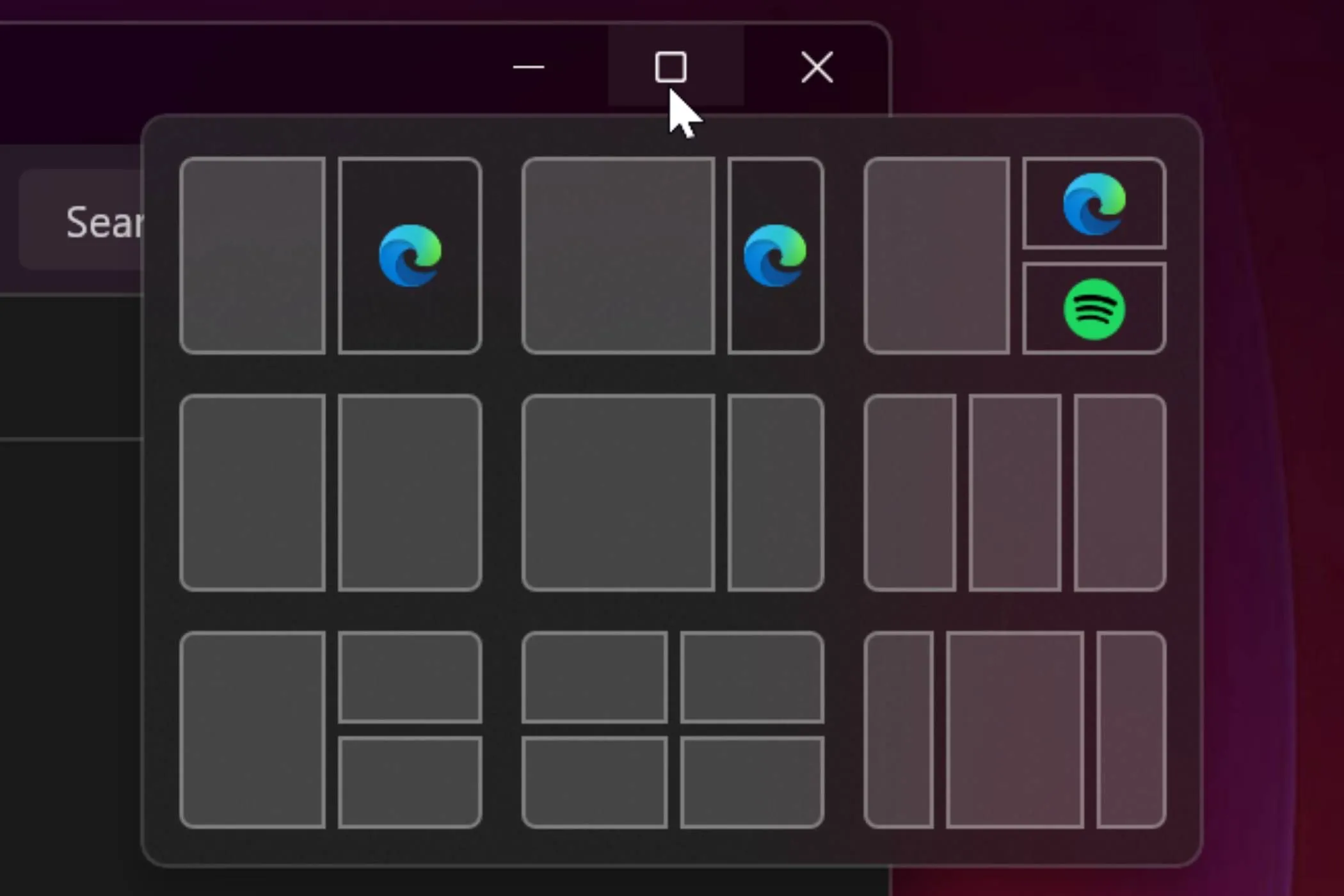 Các tùy chọn chia bố cục màn hình Snap Layouts của Windows 11 hiển thị trên một ứng dụng