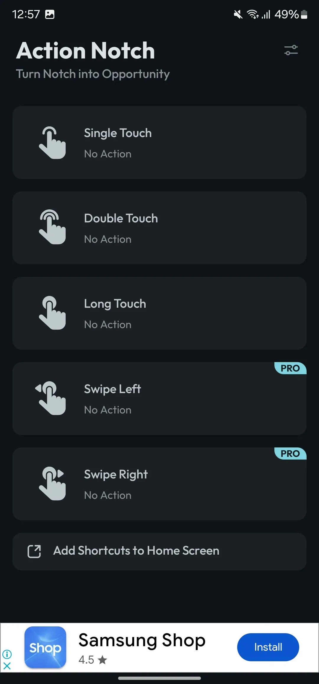 Các tùy chọn cử chỉ và hành động trong ứng dụng Action Notch, bao gồm cuộn lên đầu.