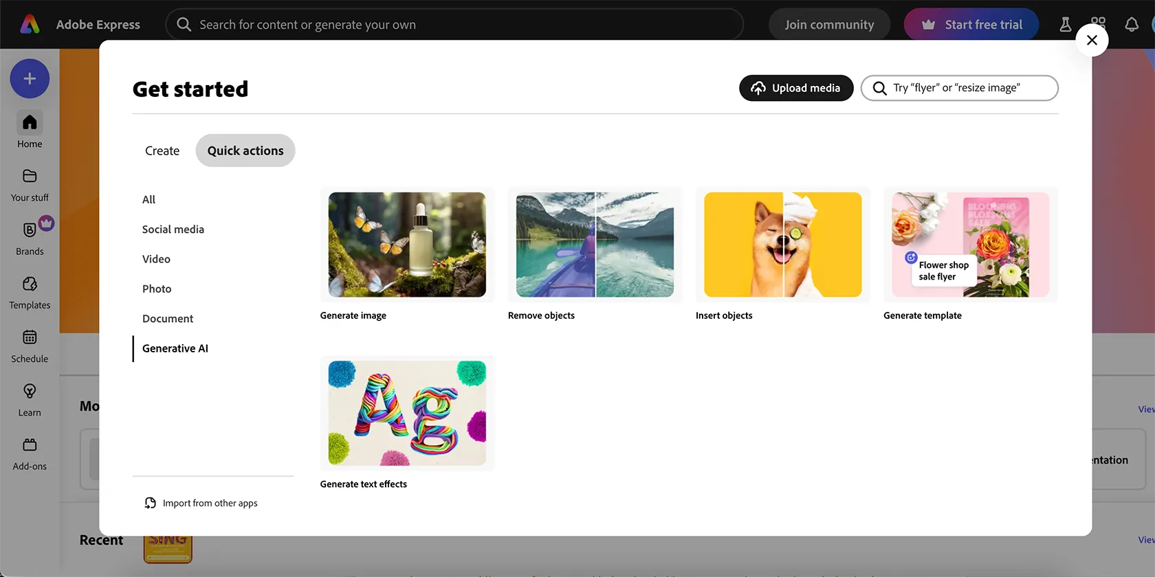 Các tùy chọn hành động nhanh được hỗ trợ bởi AI trong Adobe Express, bao gồm tạo ảnh và hiệu ứng văn bản
