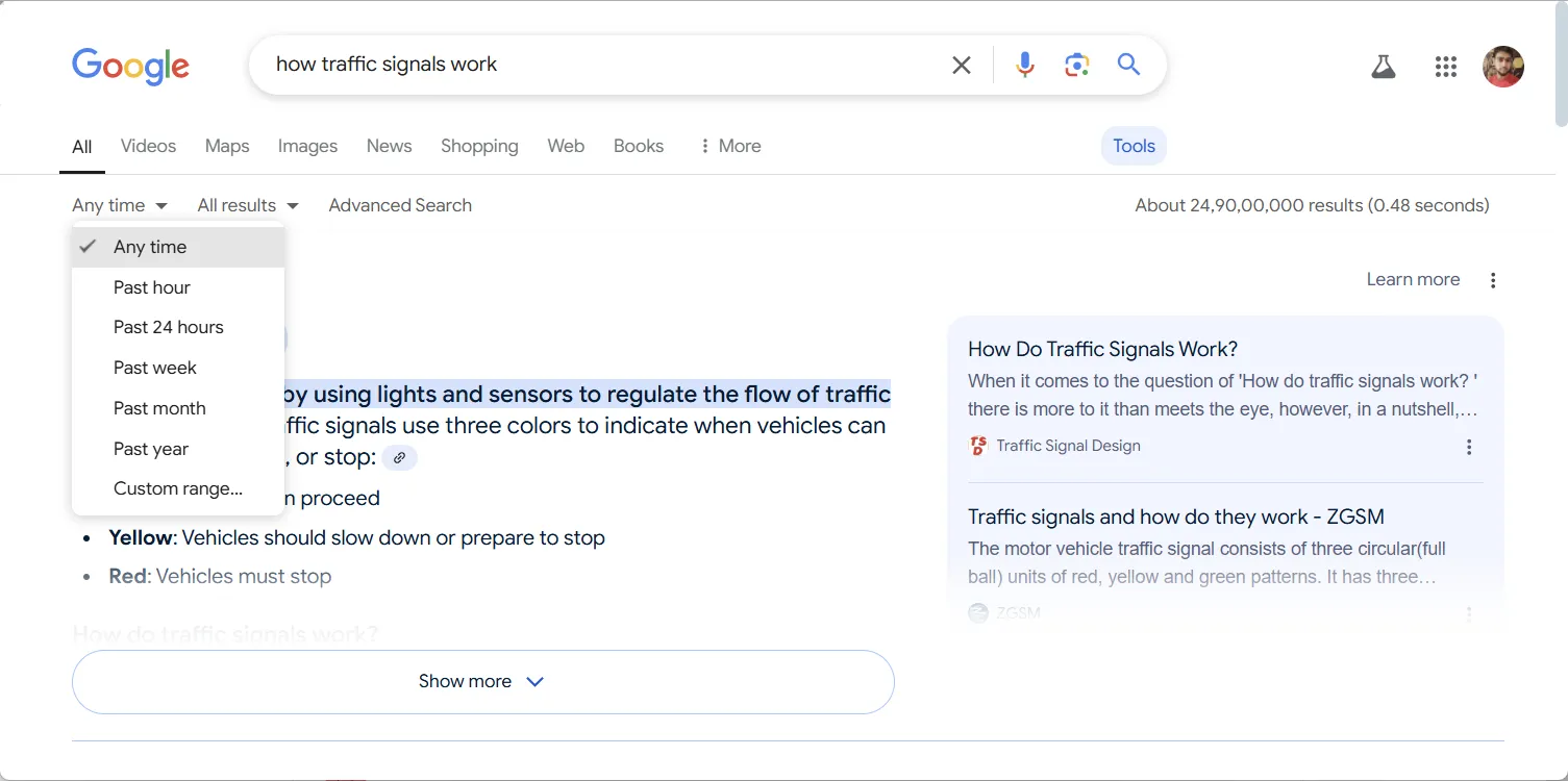 Các tùy chọn lọc khoảng thời gian cài đặt sẵn trong tìm kiếm Google