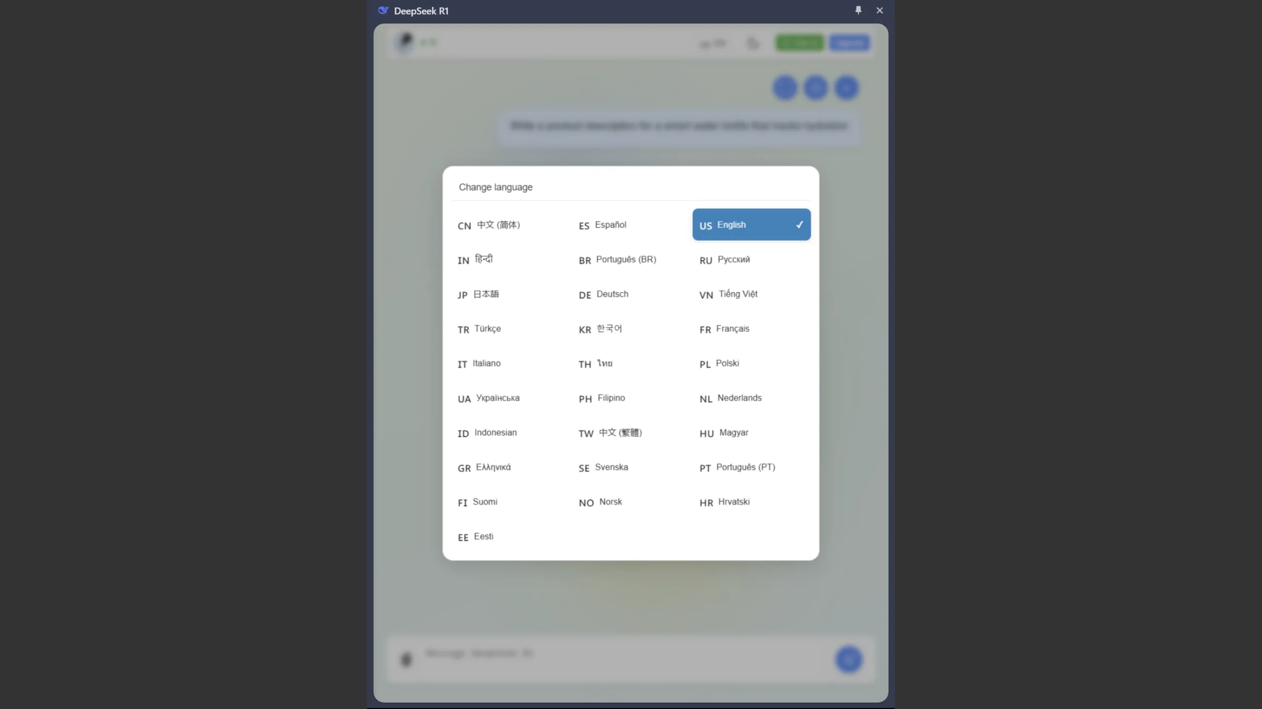 Các tùy chọn ngôn ngữ đa dạng của tiện ích DeepSeek R1 trên Chrome
