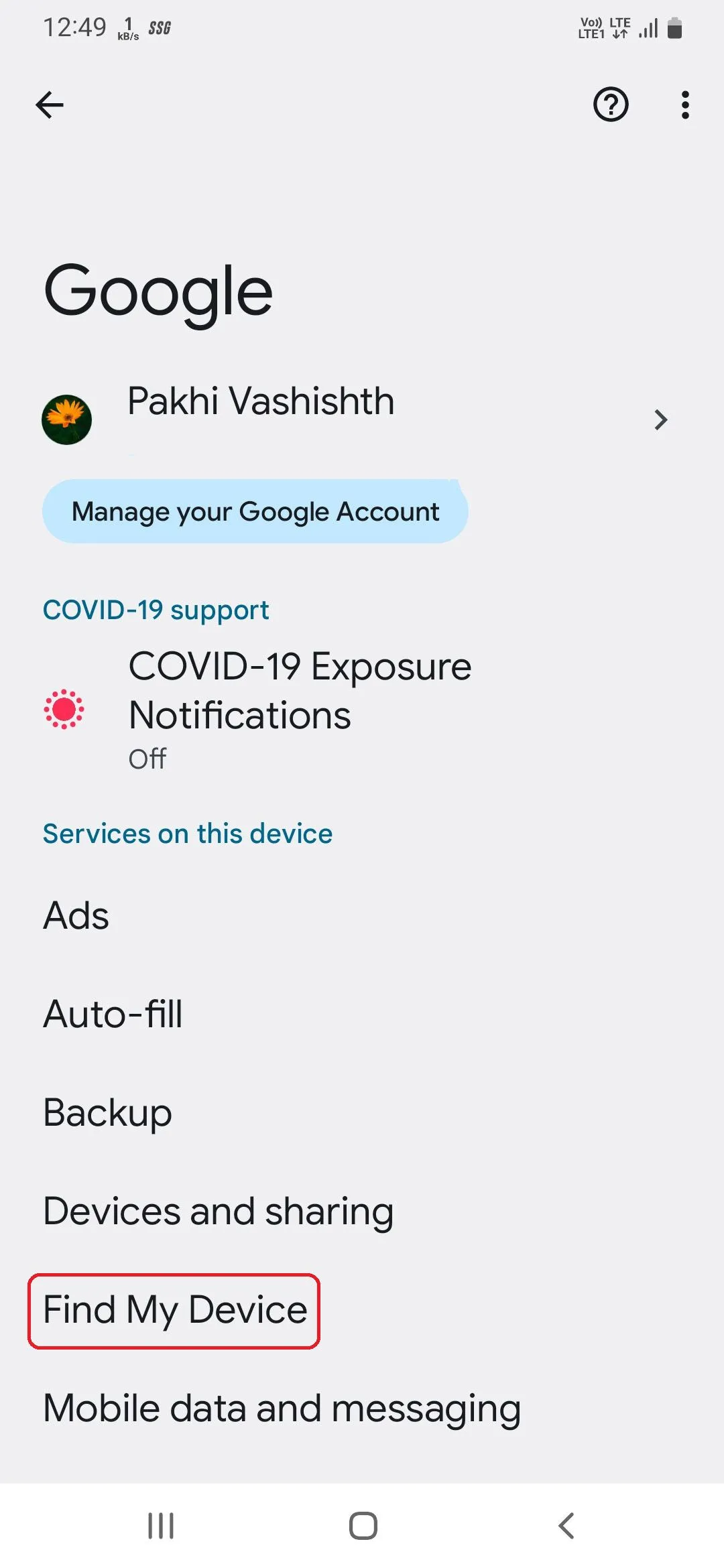 Các tùy chọn Tìm thiết bị của tôi trong cài đặt Google trên Android