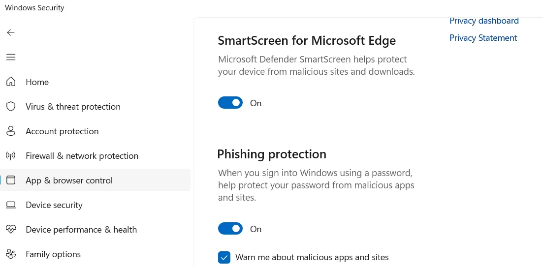 Cài đặt bảo vệ chống lừa đảo (phishing) trong ứng dụng Windows Security, cho thấy các tùy chọn tăng cường an toàn trực tuyến.