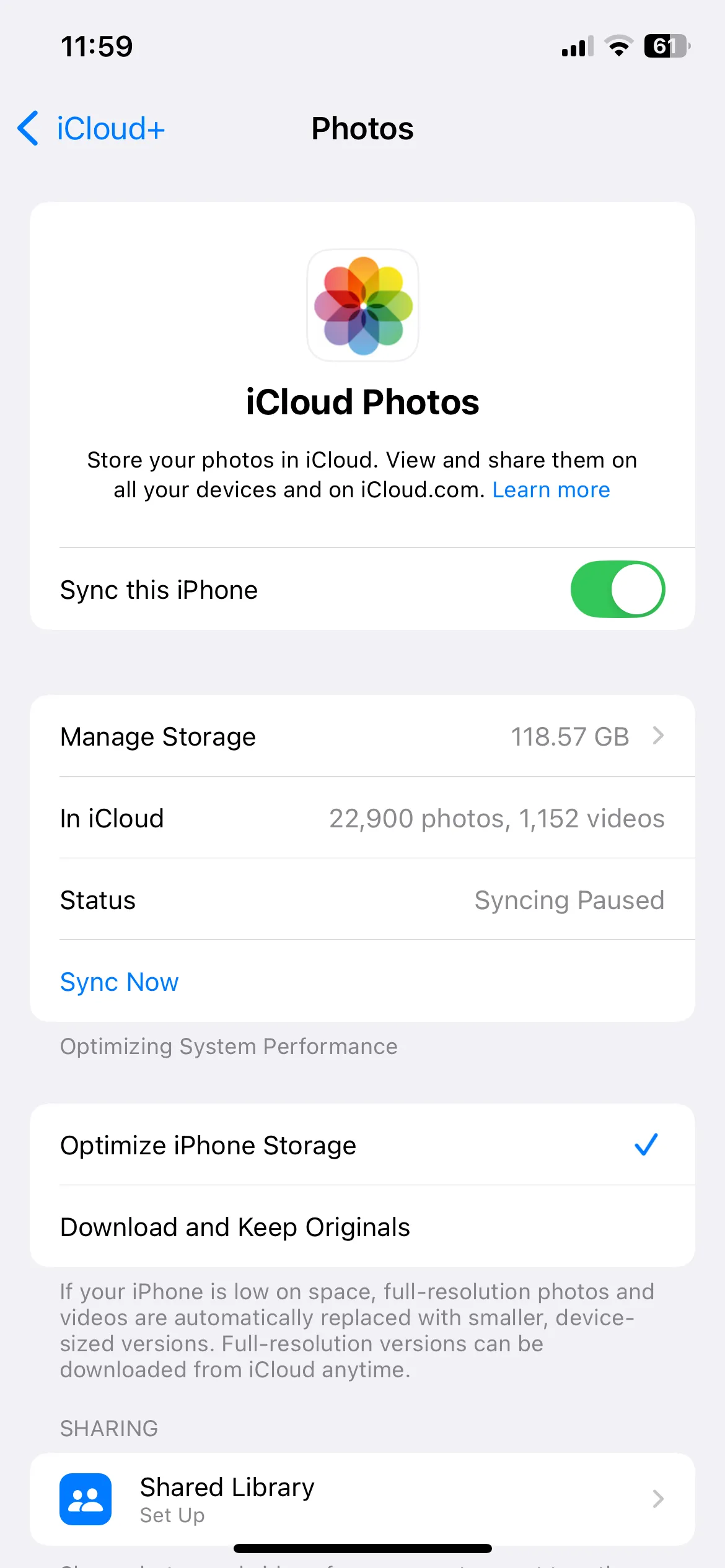 Cài đặt iCloud Photos trên iPhone với tùy chọn Tối ưu hóa dung lượng iPhone