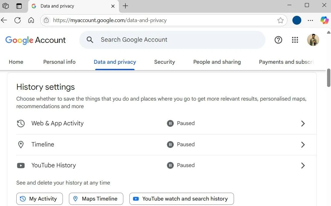 Cài đặt lịch sử tài khoản Google trên trình duyệt, quản lý hoạt động web và ứng dụng.