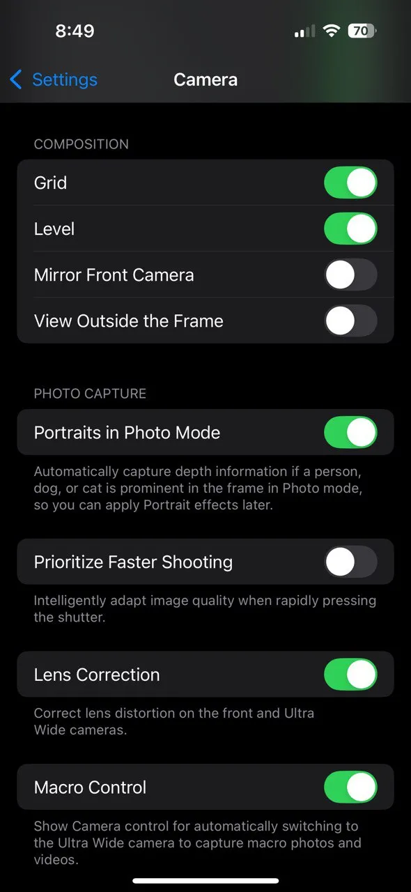 Cài đặt lưới Rule of Thirds trên ứng dụng camera iOS giúp định hình bố cục ảnh