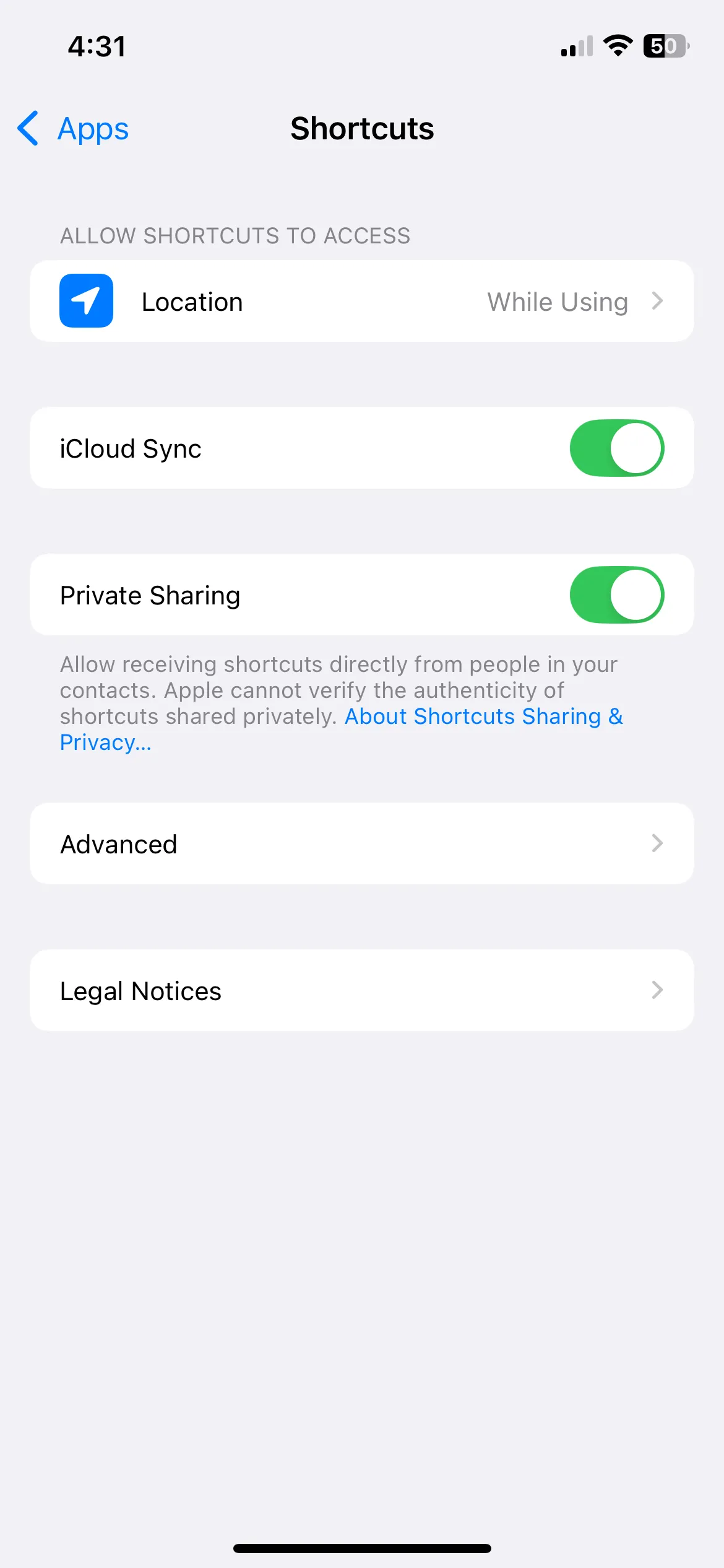 Cài đặt nâng cao của ứng dụng Phím tắt trên iPhone