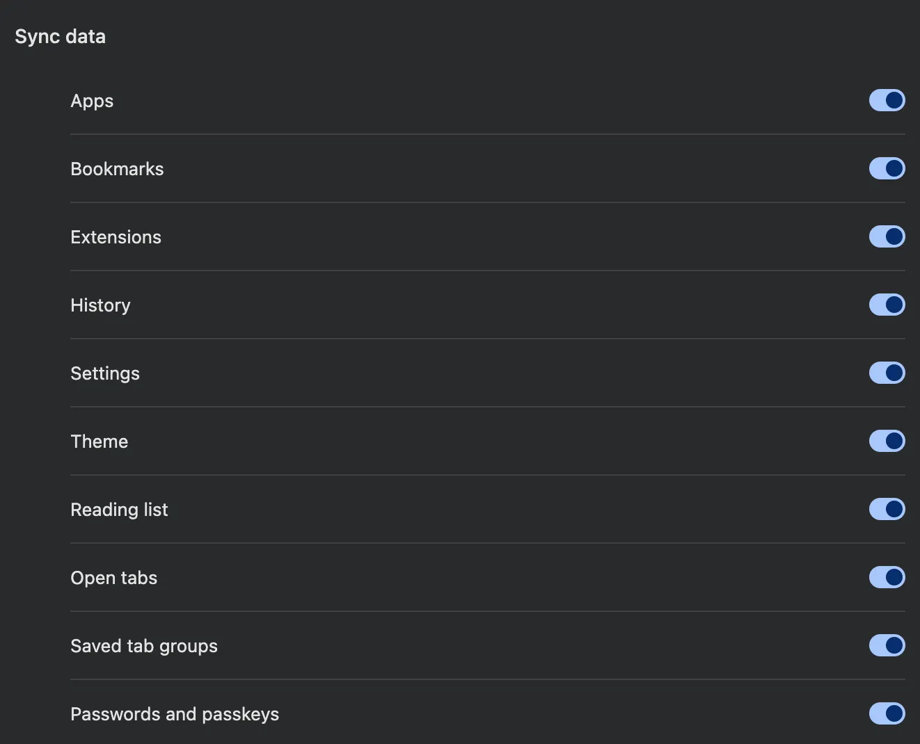 Cài đặt quản lý đồng bộ dữ liệu trên trình duyệt Google Chrome.