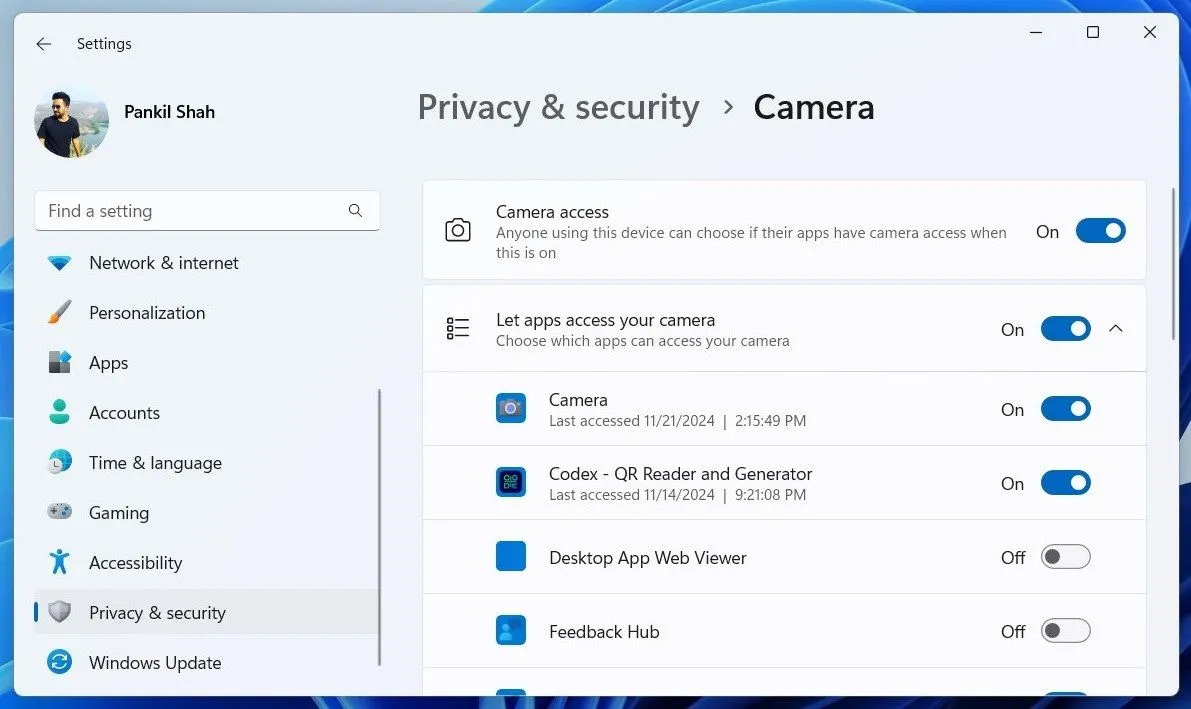 Cài đặt quyền truy cập camera cho ứng dụng trong Windows 11 giúp kiểm soát quyền riêng tư