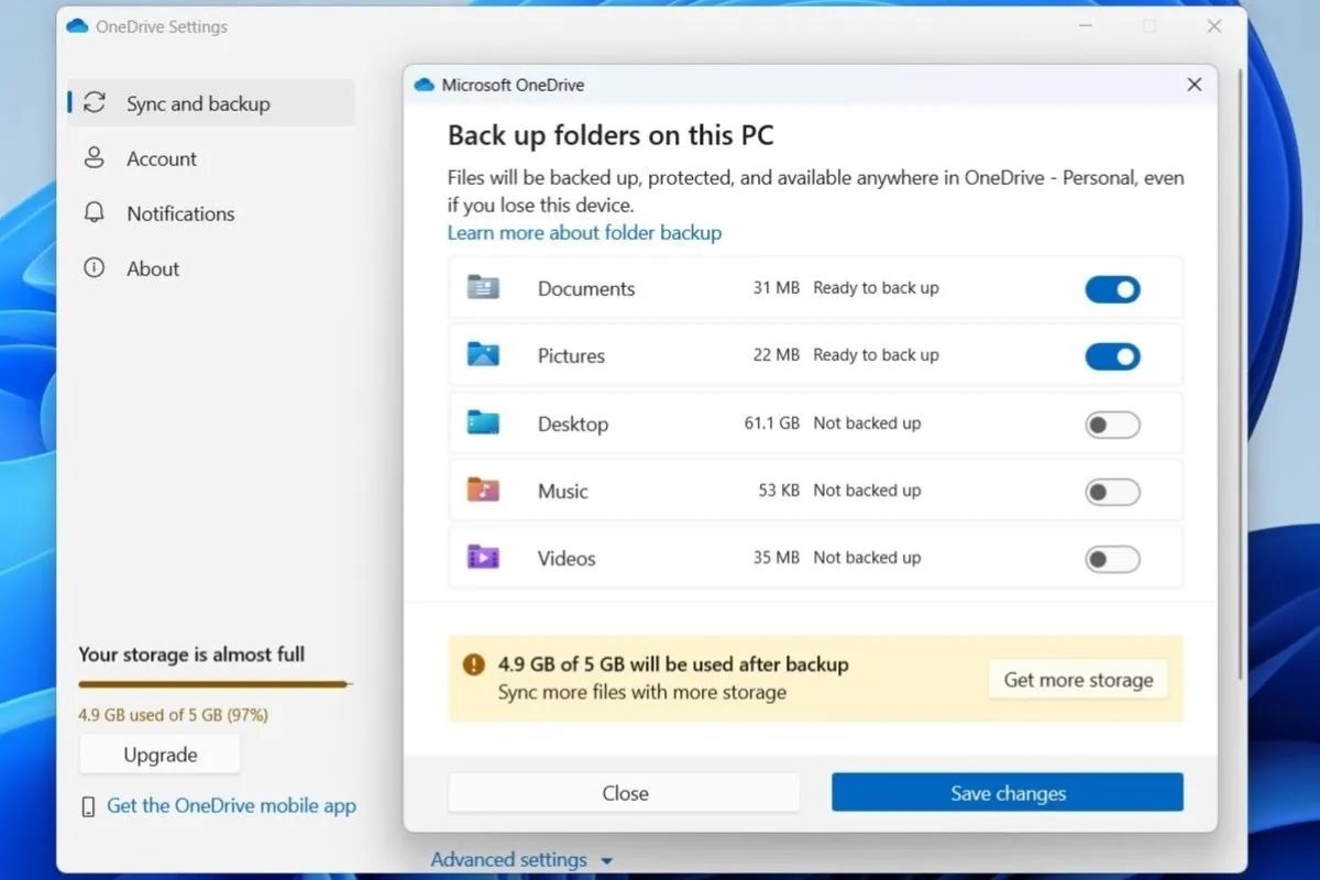 Cài đặt sao lưu OneDrive trên hệ điều hành Windows