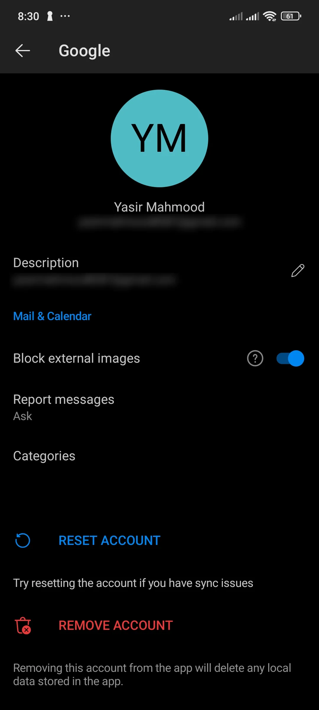 Cài đặt tài khoản Outlook trên ứng dụng Android, với tính năng chặn ảnh bên ngoài đã được bật.