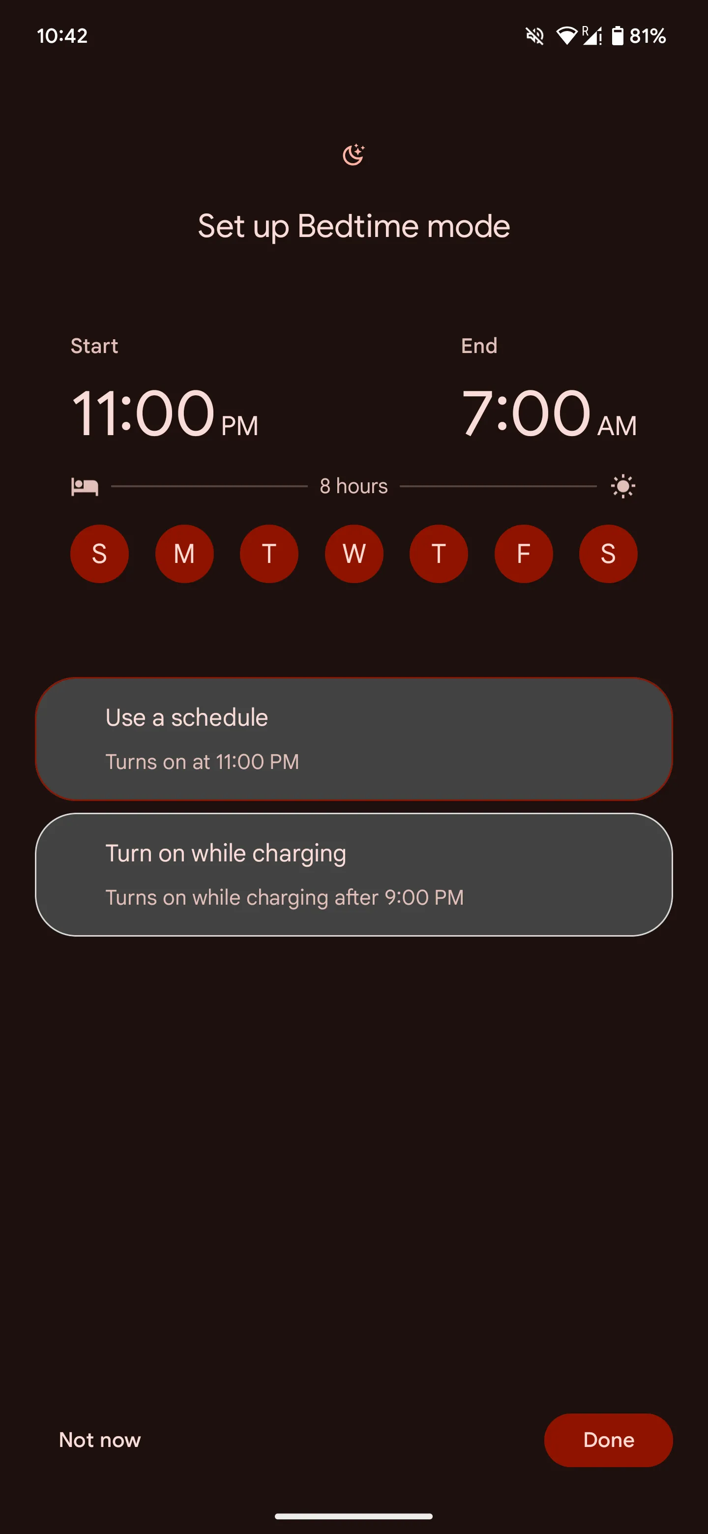 Cài đặt thời gian và chọn các ngày trong tuần cho Chế độ Giờ đi ngủ của Android