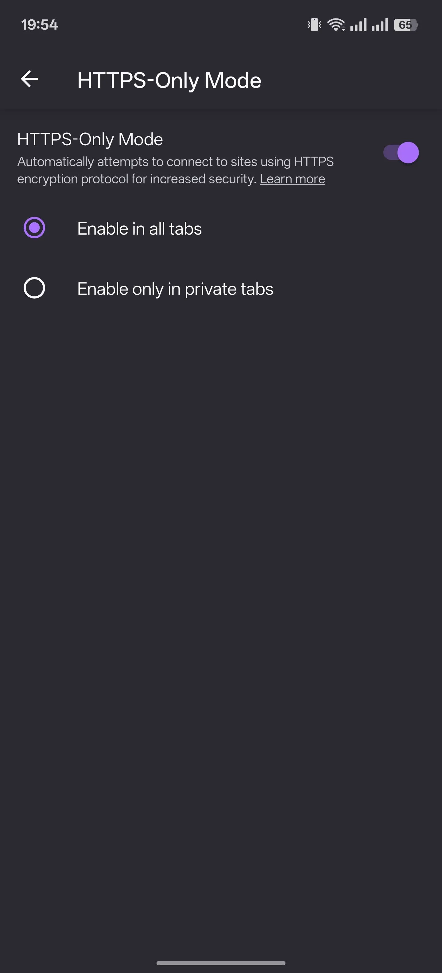 Cài đặt tính năng Chế độ chỉ HTTPS trong trình duyệt Firefox dành cho Android.