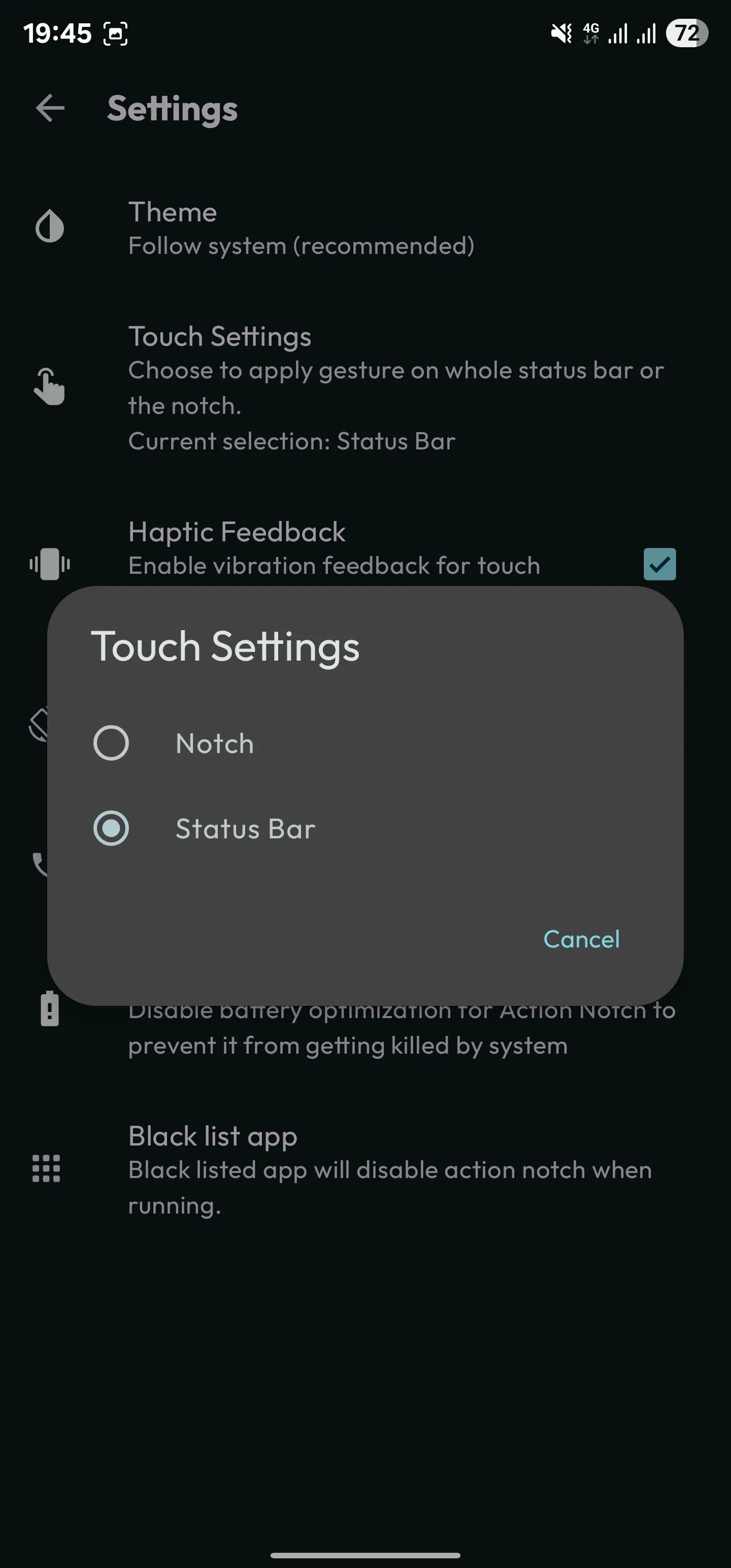 Cài đặt tùy chỉnh vùng chạm cho Action Notch, cho phép mở rộng ra toàn bộ thanh trạng thái.
