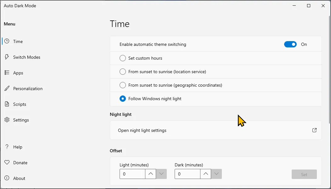 Cài đặt ứng dụng Auto Dark Mode cho phép lên lịch chuyển đổi chế độ sáng tối trên Windows 11