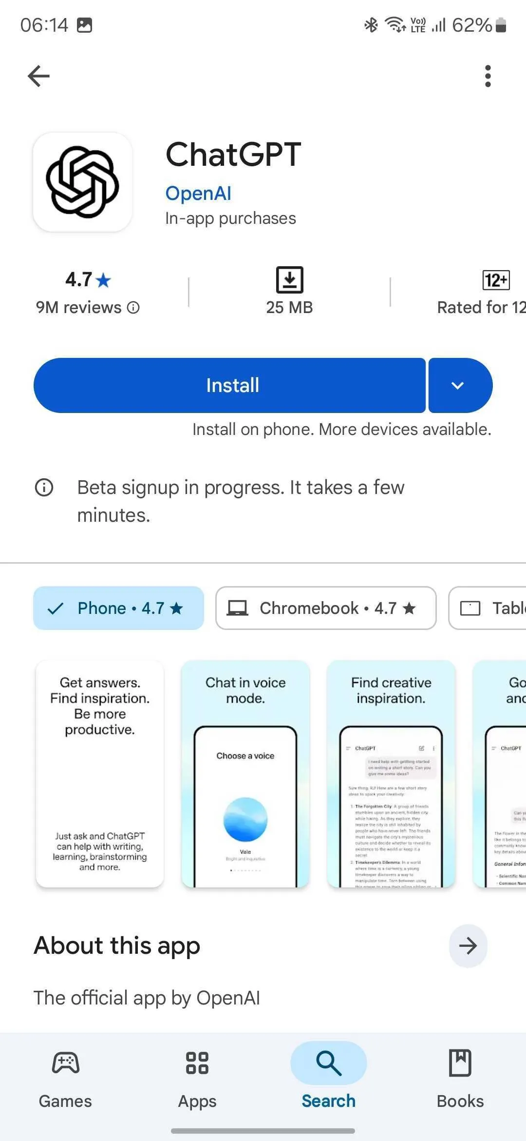 Cài đặt ứng dụng ChatGPT phiên bản beta trên điện thoại Android của bạn.