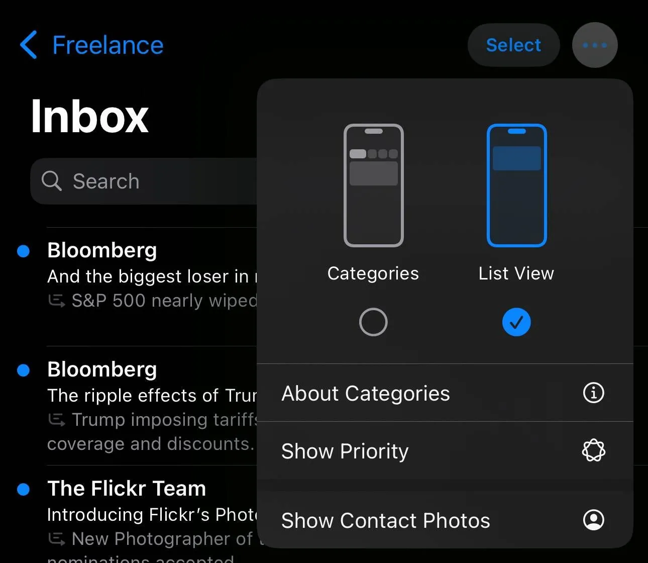 Cài đặt ứng dụng Mail trên iOS 18.5 beta 1 với tùy chọn hiển thị ảnh liên hệ, hộp thư ưu tiên và các cài đặt khác