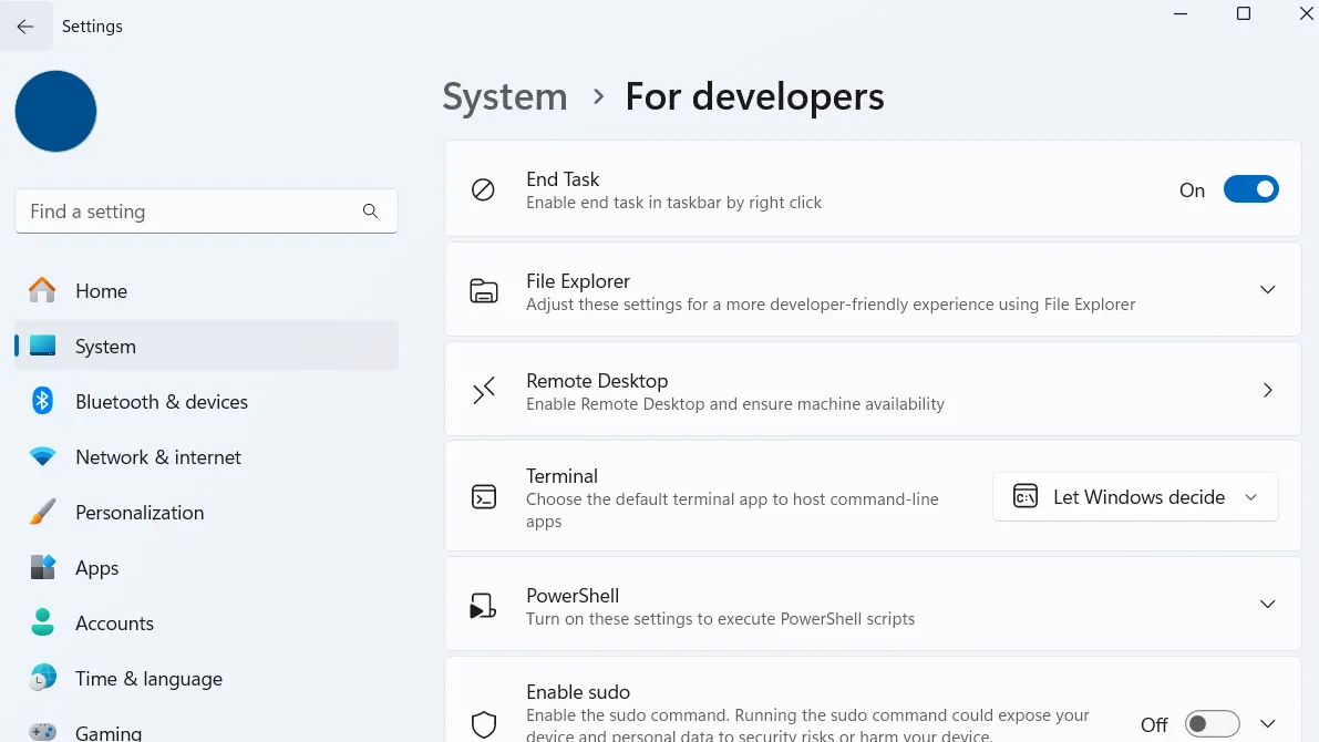 Cài đặt Windows 11 hiển thị menu dành cho nhà phát triển