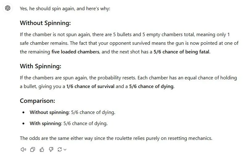 ChatGPT mắc lỗi tính xác suất trong trò chơi Russian Roulette
