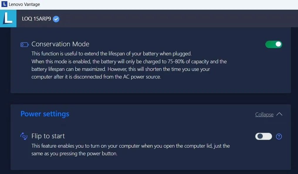 Chế độ Bảo toàn Pin (Conservation Mode) trong ứng dụng Lenovo Vantage