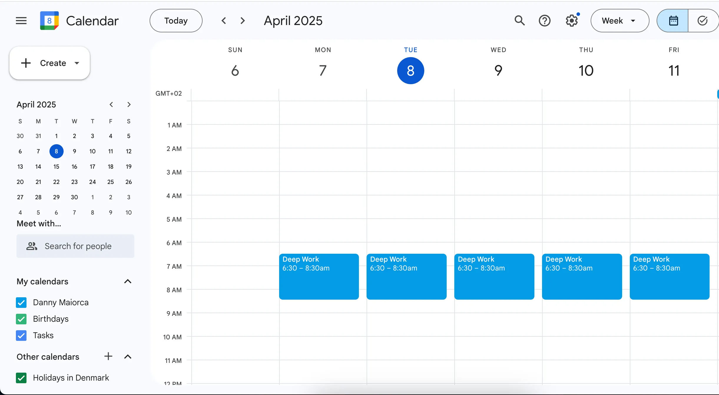 Chế độ xem tuần trên Google Calendar với các khung thời gian Time-blocking cho công việc
