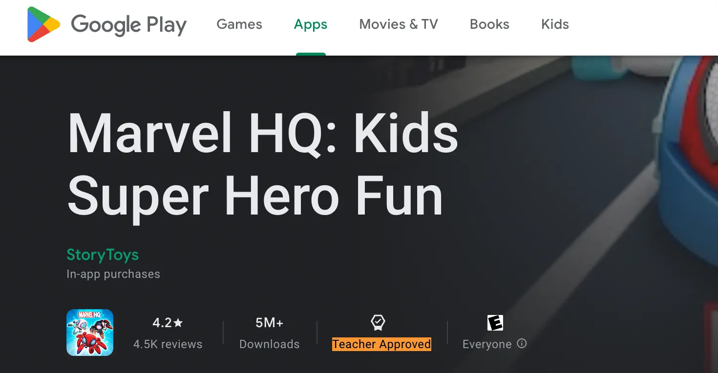 Chi tiết ứng dụng Marvel HQ trên Google Play Store, ứng dụng giải trí được phê duyệt cho trẻ em