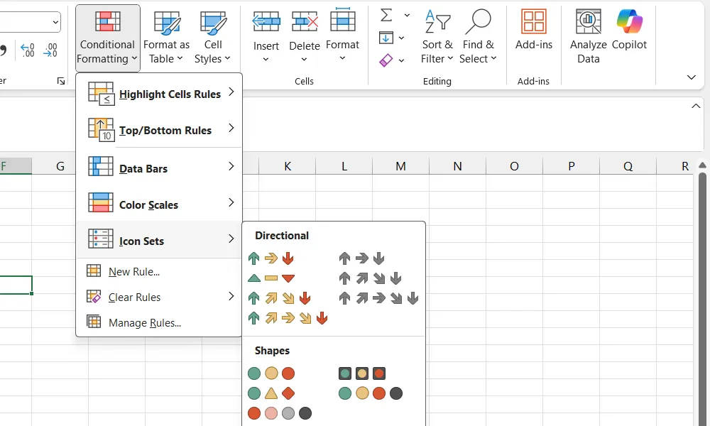 Chọn bộ biểu tượng Icon Sets để trực quan hóa dữ liệu trong Excel