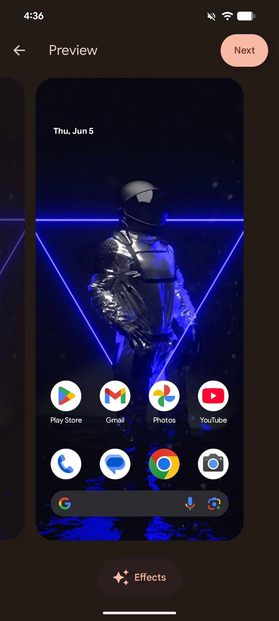 Chọn tùy chọn Hiệu ứng trên màn hình xem trước hình nền Android 16