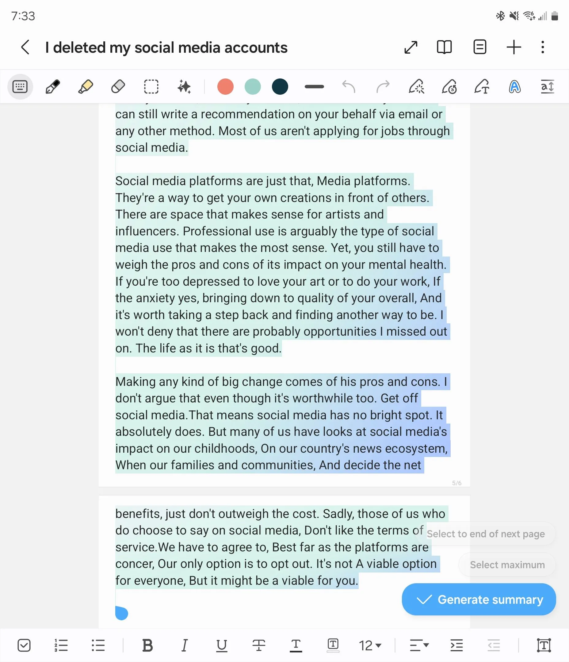 Chọn văn bản để sử dụng tính năng Trợ lý Ghi chú (Note Assist) trong Samsung Notes, minh họa quy trình làm việc AI.