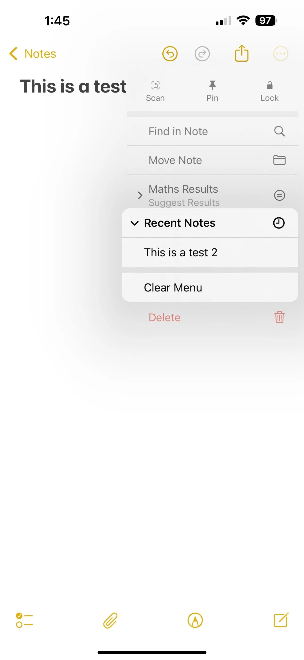 Chọn &quot;Xóa Menu&quot; để xóa danh sách ghi chú gần đây trong ứng dụng Ghi chú iOS 18
