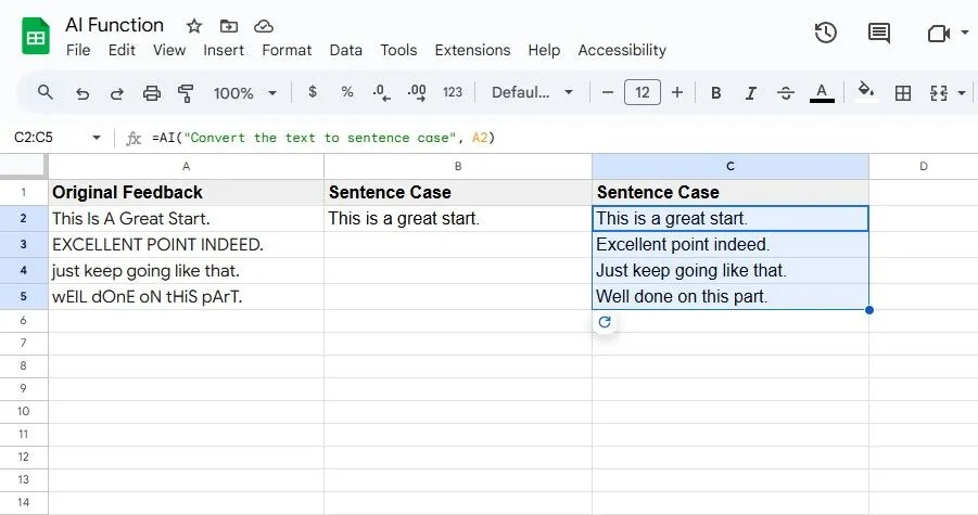 Chuyển đổi văn bản sang dạng câu trong Google Sheets bằng hàm AI